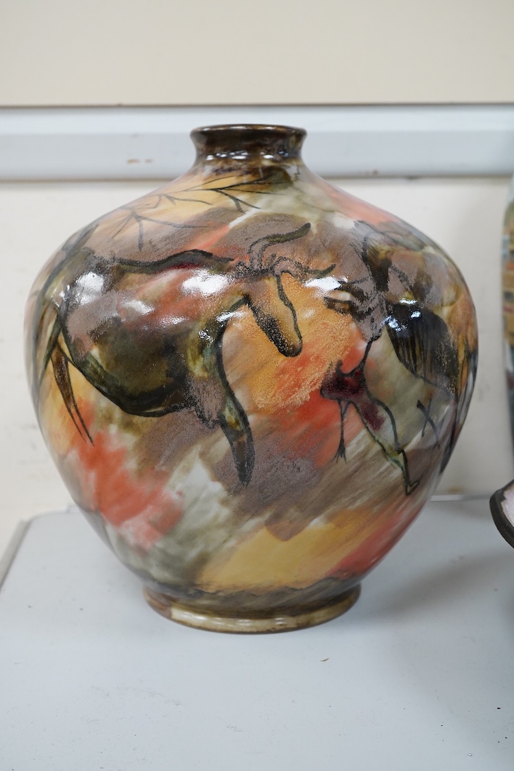 Two Cobridge vases, a Pilkington's Royal Lancastrian vase, 20cm high and a Diane Cross bowl